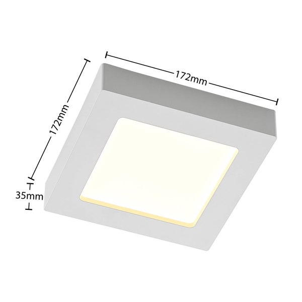 Quadratische LED-Aufbauleuchte mit einer Länge von 172 Millimetern, einer Breite von 172 Millimetern und einer Höhe von 35 Millimetern.