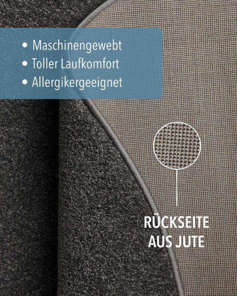 Maschinengewebter Teppich mit Juterücken, allergikergeeignet und hoher Laufkomfort.