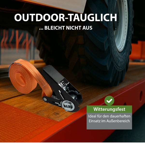 Spanngurt mit Ratsche für den Außenbereich auf einer Ladefläche liegend, witterungsbeständig und lichtecht.