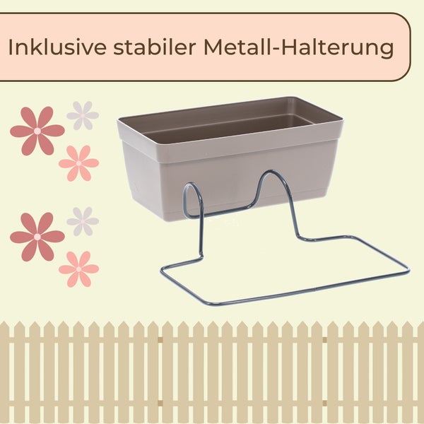 Balkonkasten inklusive stabiler Metall-Halterung zur Befestigung am Geländer.