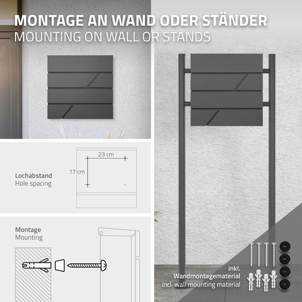 Montageanleitung für Briefkasten an Wand oder Ständer mit Lochabständen von 23 mal 17 Zentimeter und inklusivem Montagematerial.