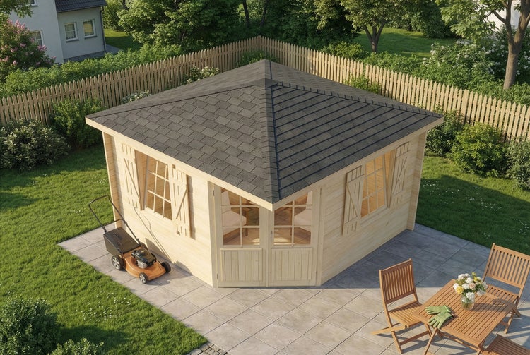 Garten Szene mit Gartenhaus, Rasenmäher und Sitzgruppe auf Terrasse