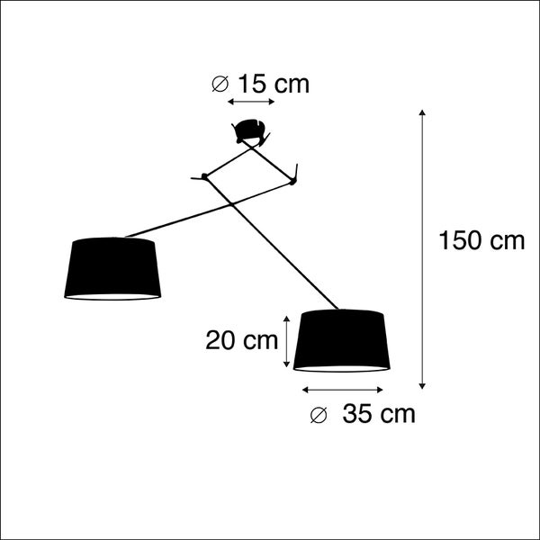 Maßzeichnung einer zweiflammigen Pendelleuchte mit Maßen: Baldachin Durchmesser 15 Zentimeter, Schirmhöhe 20 Zentimeter, Schirmdurchmesser 35 Zentimeter, Gesamthöhe 150 Zentimeter.
