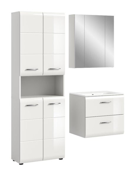 Dreiteiliges Badmöbel-Set in Weiß Hochglanz mit Hochschrank, Spiegelschrank und Waschbeckenunterschrank inklusive Waschbecken.