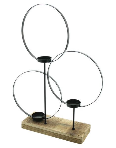 FRANK FLECHTWAREN | Windlicht Kreise, HOLZ, METALL, GLAS, 35 x 9,5 x 47 cm