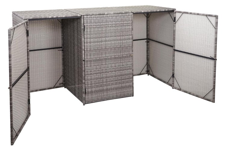 Grauer Sichtschutzzaun aus Rattan mit offenen Türen