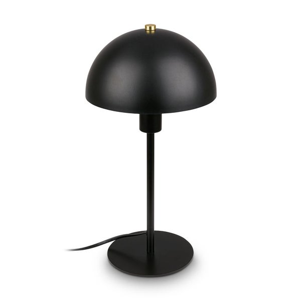 Schwarze Tischleuchte aus Metall mit pilzförmigem Schirm und rundem Fuß.