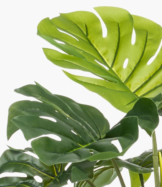 Detailaufnahme der grünen Stiele und Blätter einer künstlichen Monstera Pflanze aus Kunststoff.
