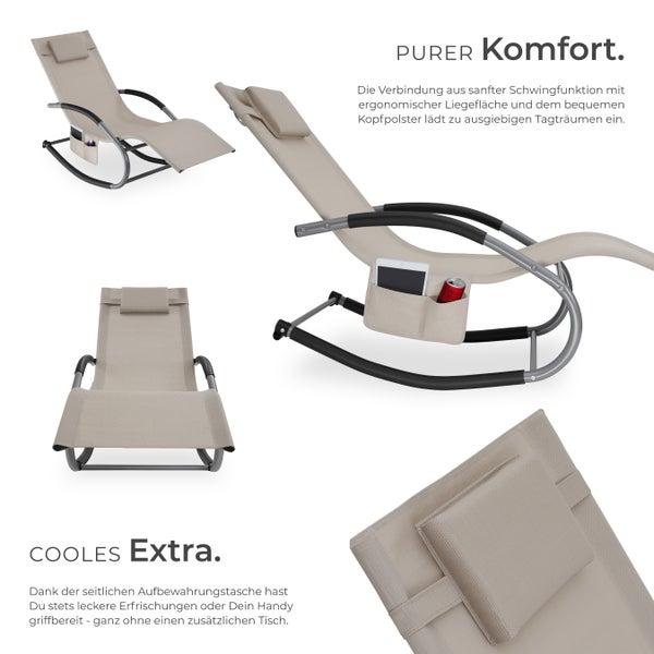 Gartenliege tectake Taya abnehmbares Kopfpolster, seitliche Aufbewahrungstasche ergonomisch, mit Komfort-Schwingbewegung beige