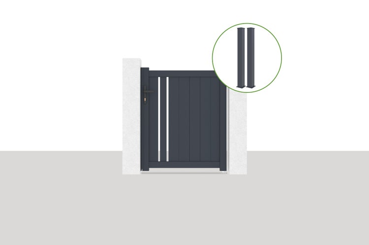 Anthrazitfarbenes Gartentor aus Aluminium mit vertikalen Lamellen, inklusive zwei Pfosten und Drückergarnitur.