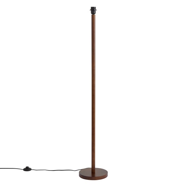 Stehlampenfuß aus Holz mit rundem Standfuß und Kabel mit Fußschalter, ohne Lampenschirm.