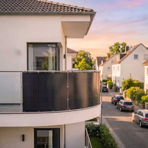 Modernes Balkonkraftwerk mit flexiblen Solarmodulen an einem abgerundeten Balkongeländer eines Wohnhauses in einer Siedlung.