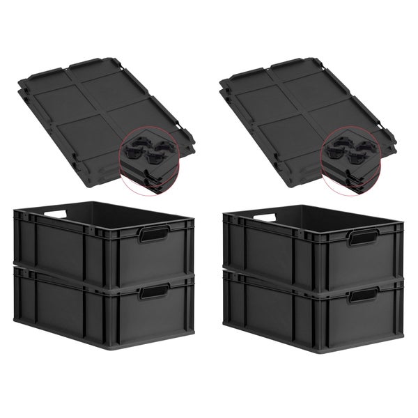 PROREGAL SuperSparSet 4x Eurobox NextGen Grip mit Auflagedeckel inkl. 4 schwarzen Schiebeschnappverschlüssen, HxBxT 22x40x60cm, 44 Liter, Schwarz, Griffe offen, Verstärkter Boden, Eurobehälter, Transportbox, Transportbehälter, Stapelbehälter