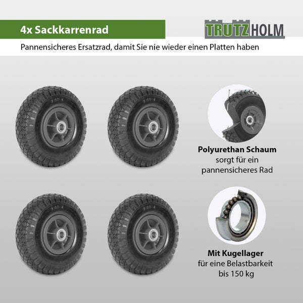 Vier pannensichere Sackkarrenräder aus Polyurethanschaum mit Kugellager und einer Tragkraft von 150 Kilogramm pro Rad von TrutzHolm
