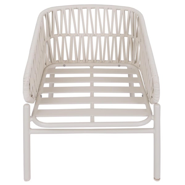 Moderner Garten-Loungesessel mit Metallgestell und cremefarbenem Kordelgeflecht an Rücken- und Armlehnen.