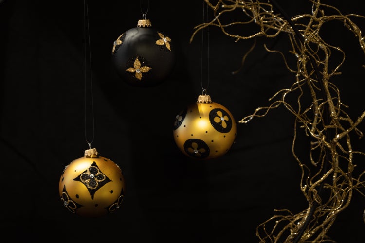 Gold & Schwarz, 3-er Set, stilisierte Blumen, Strasssteine, 8cm, 3 Stck., Weihnachtsbaumkugeln, Christbaumschmuck, Weihnachtsbaumanhänger