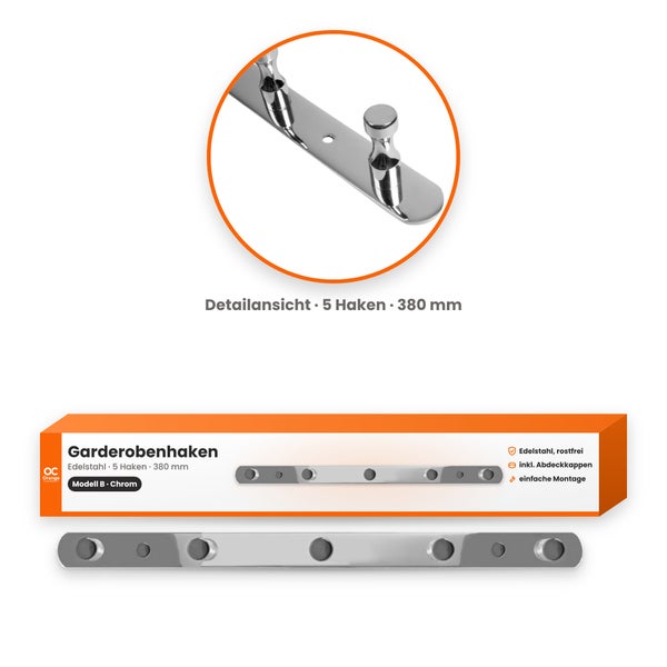 Garderobenhaken aus Edelstahl, 5 Haken, 380 Millimeter Länge, inklusive Abdeckkappen für einfache Montage, Modell B.