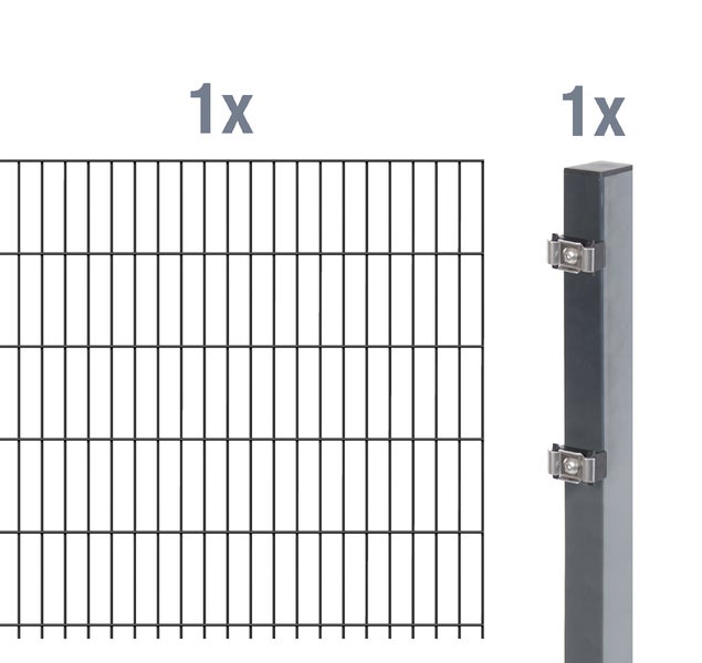 Stabmattenzaun Set bestehend aus einer Gittermatte und einem Zaunpfosten mit Befestigungsmaterial zur Gartenumzäunung.