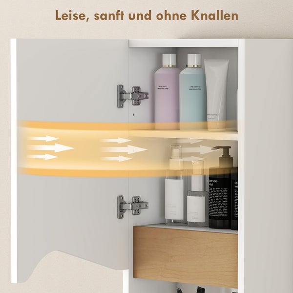Weißer Badezimmerschrank mit Soft-Close-Scharnieren für sanftes Schließen, gefüllt mit Pflegeprodukten auf Ablagen.