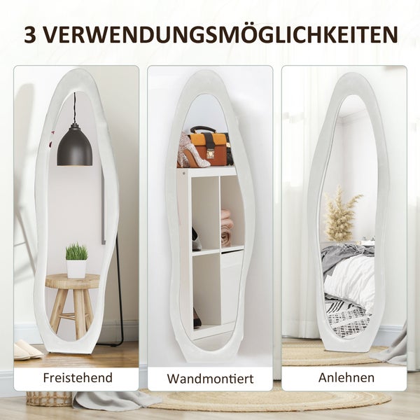 HOMCOM Ganzkörperspiegel, 160 x 50 cm unregelmäßiger gewellter Standspiegel mit samtartiger Rahmenbezug, Groß Wandspiegel, Ankleidespiegel für Wohnzimmer, Schlafzimmer, Garderobe, Flur, Weiß