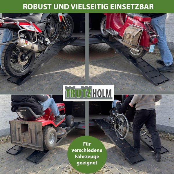 Vierfachansicht einer Trutzholm-Auffahrrampe mit Motorrad, Moped, Rasentraktor und Rollstuhl.