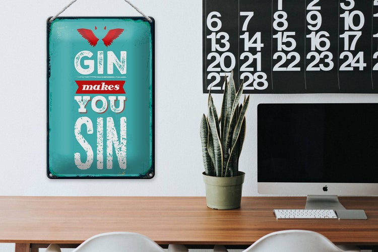 Blechschild Spruch Gin makes you Sin Devil Hell 20x30cm