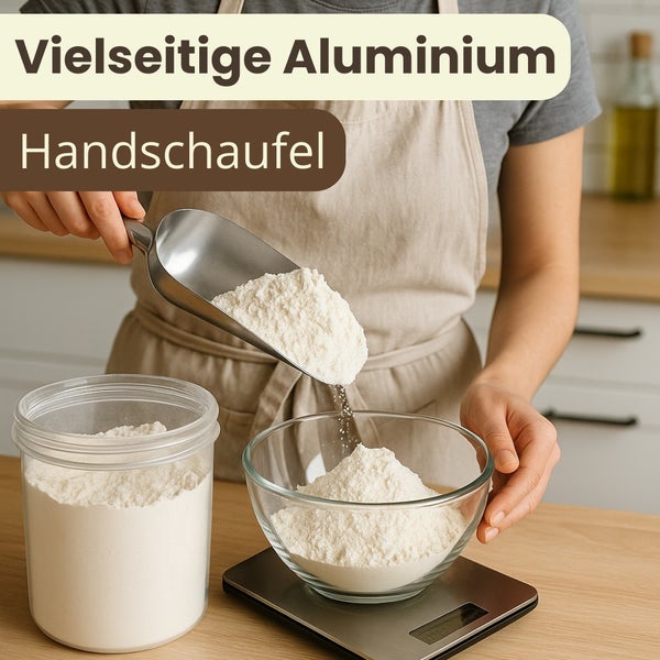 Eine Person schaufelt Mehl mit einer Aluminiumschaufel in eine Glasschüssel.