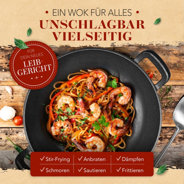 KRUSTENZAUBER 36cm Gusseisen Wok Induktion - Wokpfanne mit Wokwender - Ideal für Gasgrill, Herd, Ofen, als Paella Pfanne Gusseisen, Gusseisenpfanne Induktionsgeeignet für Stir Fry oder Sac Tava