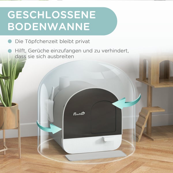 PawHut Katzentoilette mit Deckel, Katzenklo inkl. Schaufel und Streu-Matte, Ausziehbares Tablett, Katzenklo für Katzen bis 5 kg, Grau, 43 x 44 x 47 cm