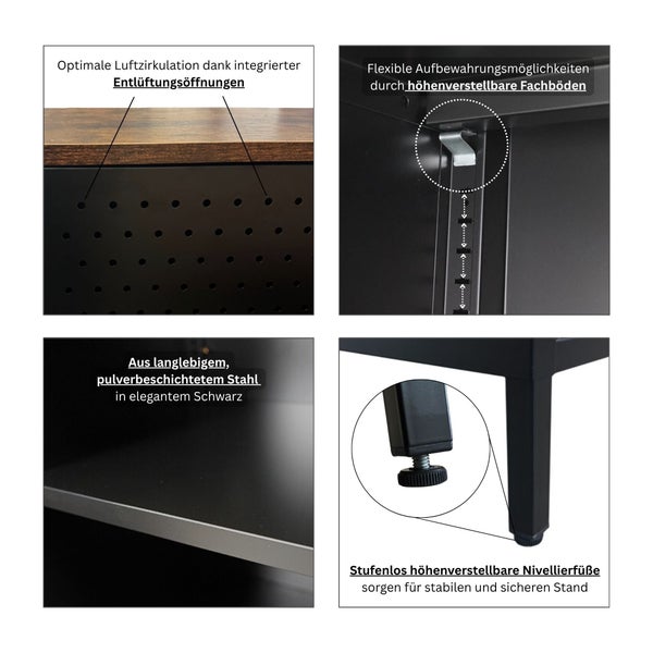 Detailansichten eines schwarzen Metallschranks mit Belüftungsöffnungen, höhenverstellbaren Regalböden und Füßen.