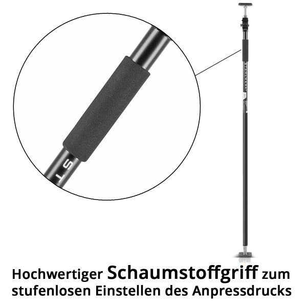 Teleskopstütze in zwei Ausführungen mit einer Höhenverstellung von 160 Zentimeter bis 290 Zentimeter.