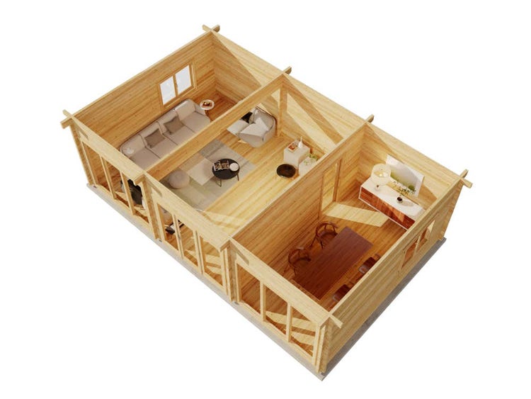 3D-Grundriss eines Gartenhauses aus Holz mit zwei Räumen, einem Wohnbereich mit Sofa und einem Essbereich mit Tisch und Stühlen.