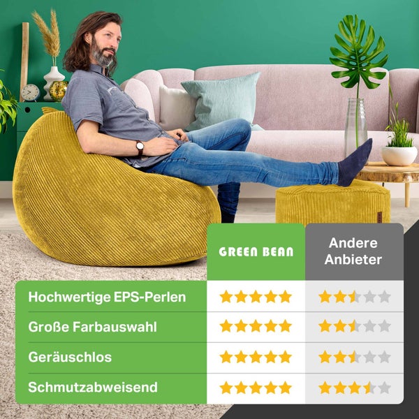 Green Bean 2er Set Indoor XXL Sitzsack + Pouf mit EPS-Perlen Füllung - Fußhocker Fußkissen Hocker Bodenkissen Liegekissen Sitzkissen Lounge Chair - Gelb