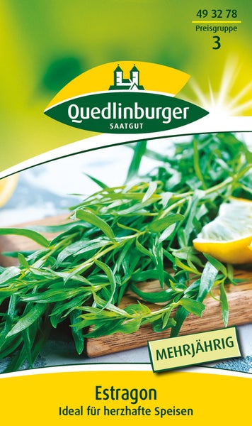 Samentüte für Estragon von Quedlinburger Saatgut, mehrjährige Kräuterpflanze, ideal für herzhafte Speisen. Quedlinburger Logo.