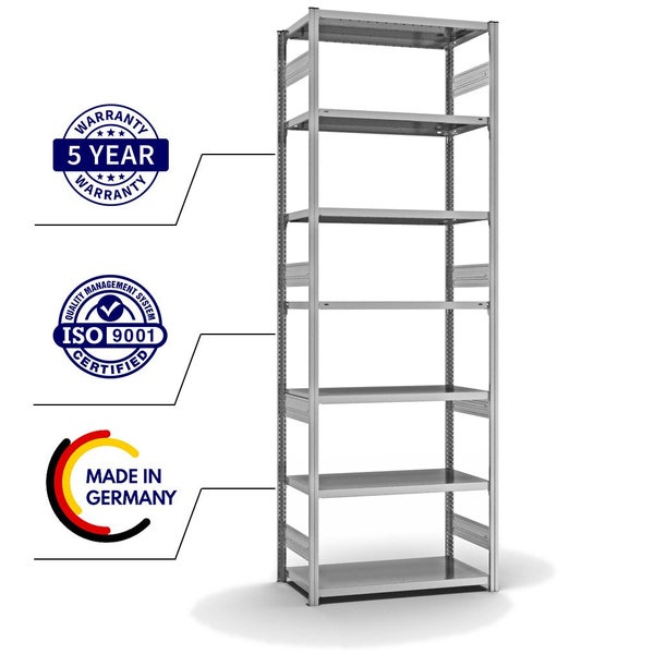 PROREGAL Fachbodenregal Stecksystem T-Profil Heavy-Duty Grundregal HxBxT 300 x 100 x 50 cm 7 Ebenen Fachlast 330 kg Beidseitig Nutzbar Verzinkt