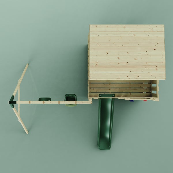 Spielturm aus Holz mit Schaukel und Rutsche in der Draufsicht.