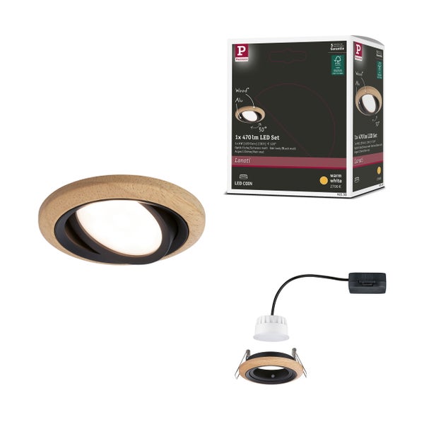 LED Einbauleuchte Lanati Einzelspot rund 84mm 30° Coin 6W 470lm 230V 2700K Farbton Eiche geölt, Schwarz matt