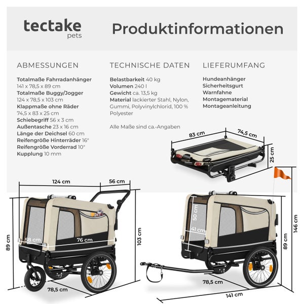Produktinformationen zu Tectake Hundeanhänger mit Abmessungen, technischen Daten und Lieferumfang.