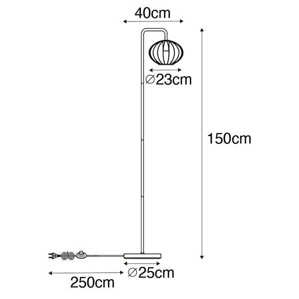 Technische Zeichnung einer 150 cm hohen Stehlampe mit einem Durchmesser von 23 cm und einer Kabellänge von 250 cm