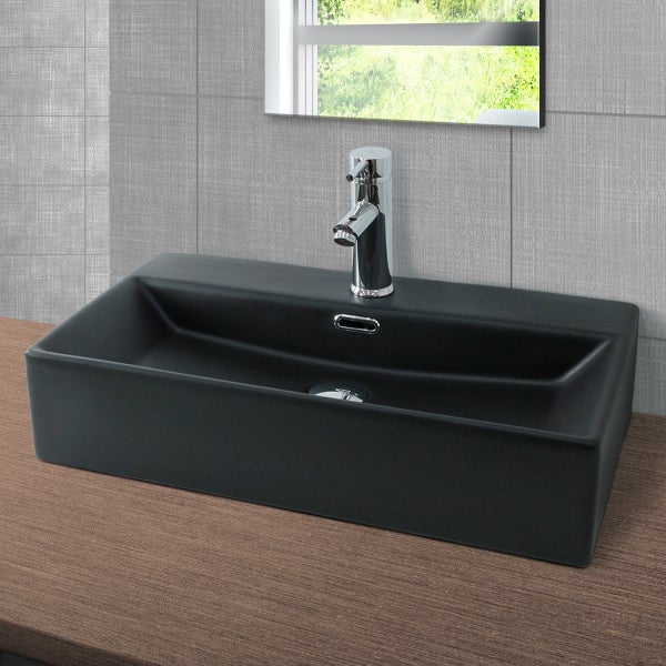 ML-Design Waschbecken aus Keramik in Schwarz matt 600x365x130mm inkl. Ablaufgarnitur, Eckige Aufsatzwaschbecken mit Überlauf, Moderne Waschtisch Waschschale Waschplatz Handwaschbecken, für Badezimmer