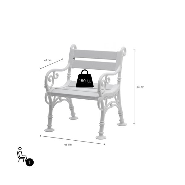 PROREGAL Gartenbank Curacao 1 Sitzer Weiß HxBxT 85 x 68 x 60 cm Witterungskunststoff & UV Beständiger Kunststoff Parkbank Sitzbank