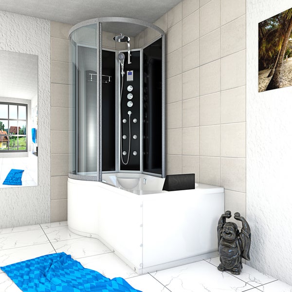 Moderne Komplettdusche mit integrierter Badewanne, schwarzer Rückwand, Kopfbrause, Handbrause und Massagedüsen in einem hellen Badezimmer.