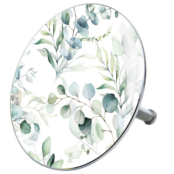 Runder Möbelknopf mit botanischem Eukalyptus Motiv und Metallrahmen zur Befestigung an Schränken und Kommoden.