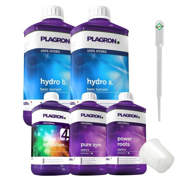 Plagron Hydro 5-Teiliges Dünger Set – Für Gesundes Wachstum & Reiche Blüten | Einfacher Hydro-Anbau für Anfänger, inklusive Hydro A & B, Green Sensation, Power Roots & Pure Enzym
