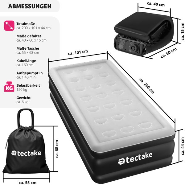 Aufblasbare Matratze tectake AirDreams inkl. manuellem Ventil und Tragebeutel für 1 oder 2 Personen schwarz/weiß