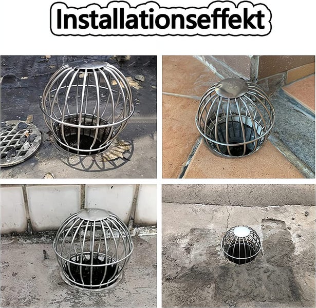 Vier Anwendungsbeispiele für einen kugelförmigen Laubfang aus Edelstahl über Bodenabläufen im Außenbereich.