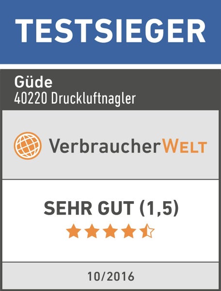 Güde Druckluftnagler 40220 Testsieger von VerbraucherWELT mit VerbraucherWELT Logo Bewertung sehr gut 1,5 Stand Oktober 2016.