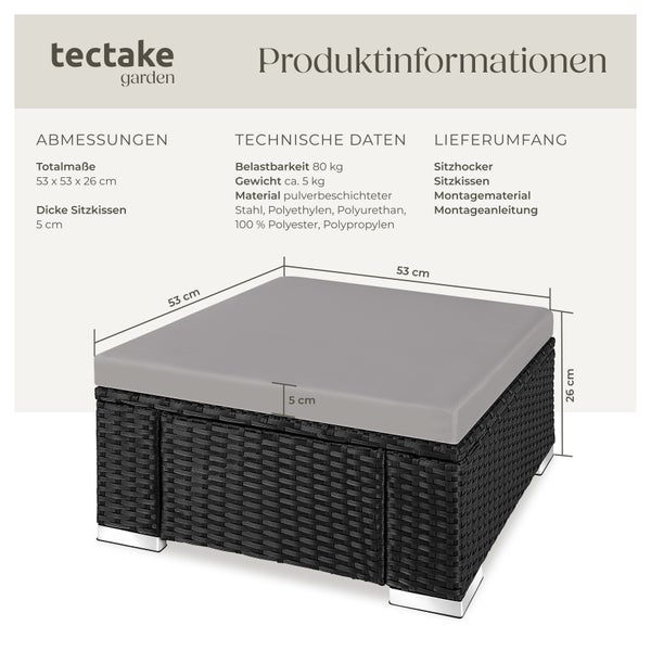 Rattan Sitzhocker tectake Bitonto 53 x 53 x 26 cm widerstandsfähig schwarz/grau