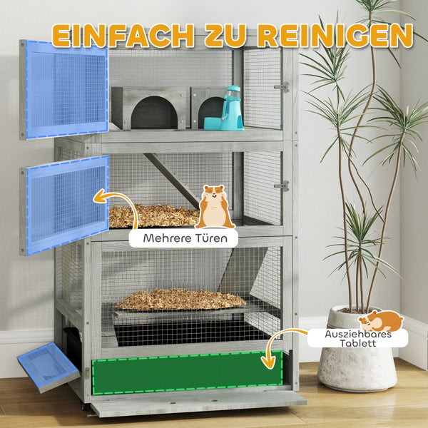 PawHut Hamsterkäfig aus Holz, 65 x 45 x 109 cm Mäusekäfig Nagerkäfig mit Hütten, Wippe, Palette, Futterschalen, 4-Stufig Kleintierkäfig mit Schloss, Rampen, Rollen, für Zwerghamster Grau