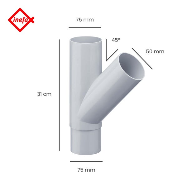 Inefa Logo. PVC Abzweig für Fallrohre, 75 Millimeter Hauptdurchmesser, 50 Millimeter Abzweig, 45 Grad Winkel, 31 Zentimeter Länge.